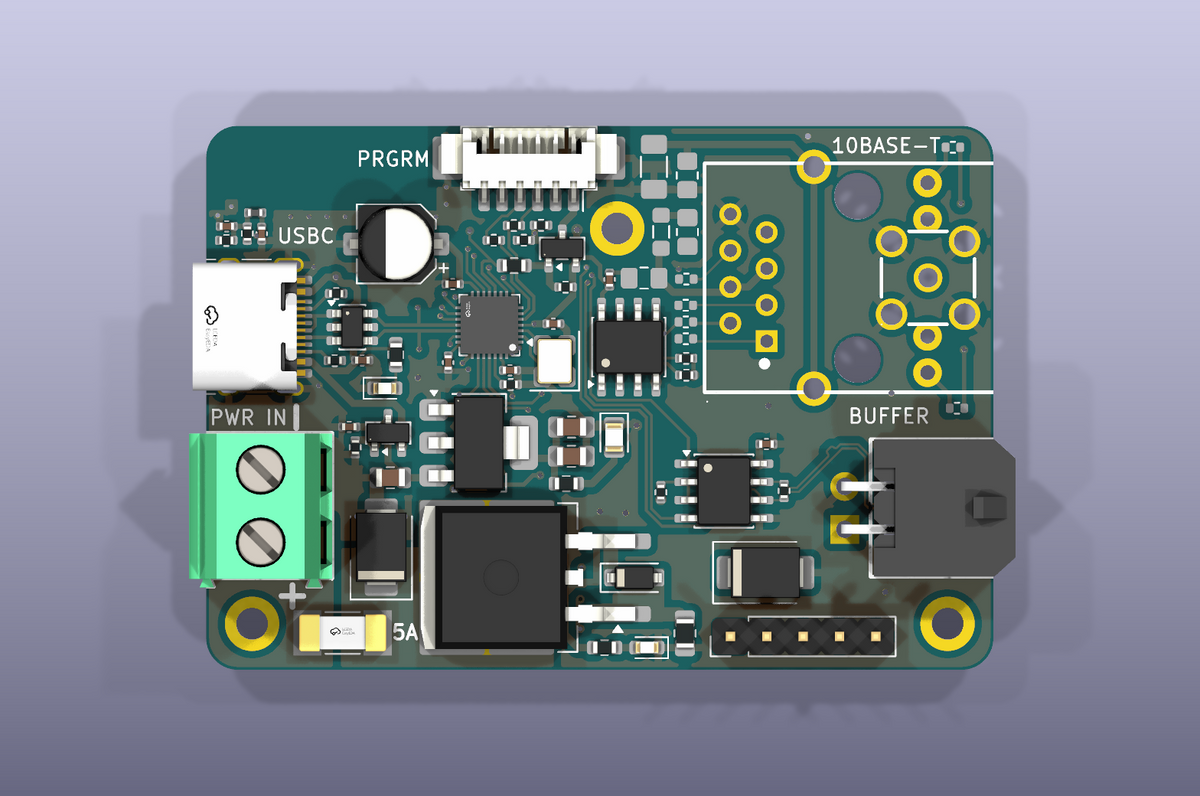 Cortex Bridge Rev A4, component side: USB-C, PWR IN screw terminal and the 4-pin BUFFER connector